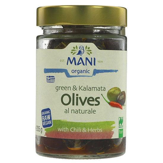 Green & Kalamata Olives with Chilli - vacuum preserved organic